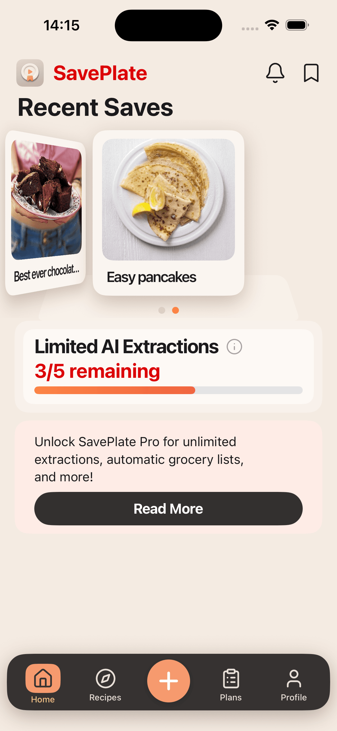 SavePlate home screen: Recent Saves carousel, Limited AI Extractions 3/5 remaining, and the Pro banner
