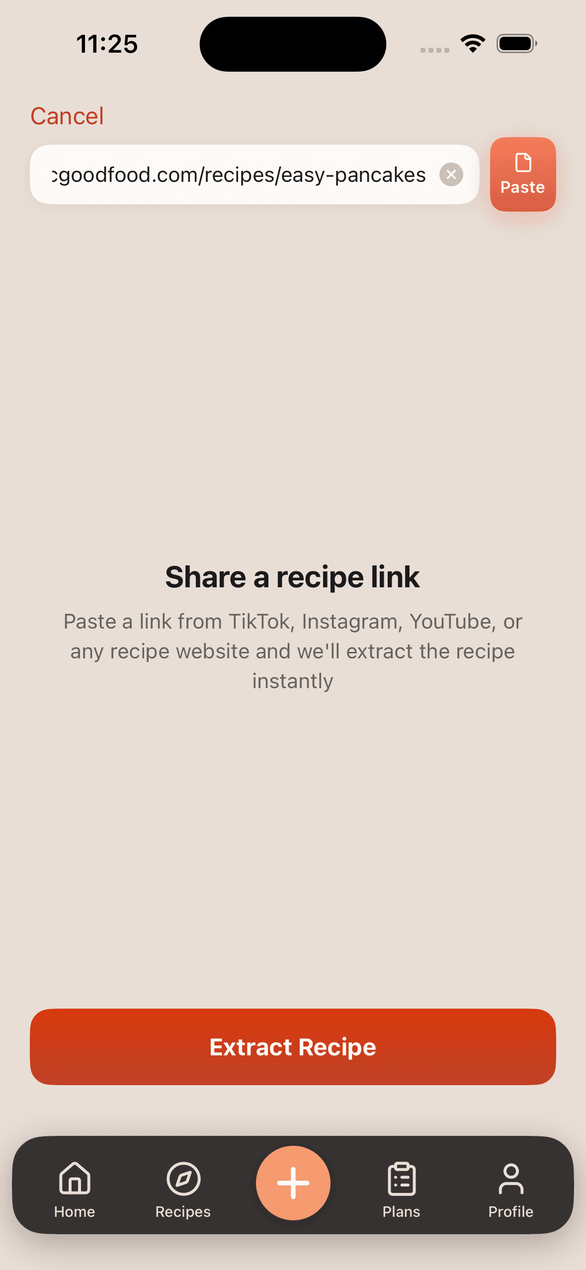 SavePlate import screen with a recipe link pasted and the Extract Recipe button